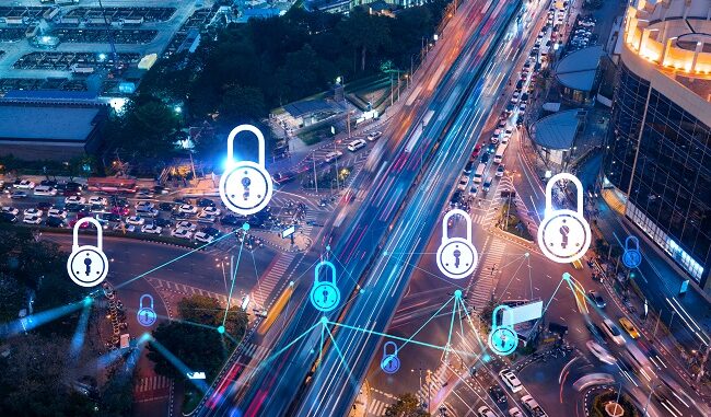 Padlock,Icon,Hologram,On,Aerial,View,Of,Road,,Busy,Urban